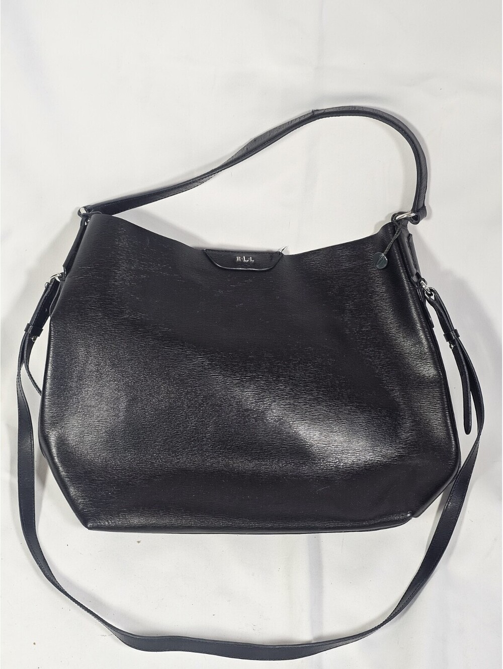 Ralph Lauren Leather Black open Top silver Hardware Tote Bag New